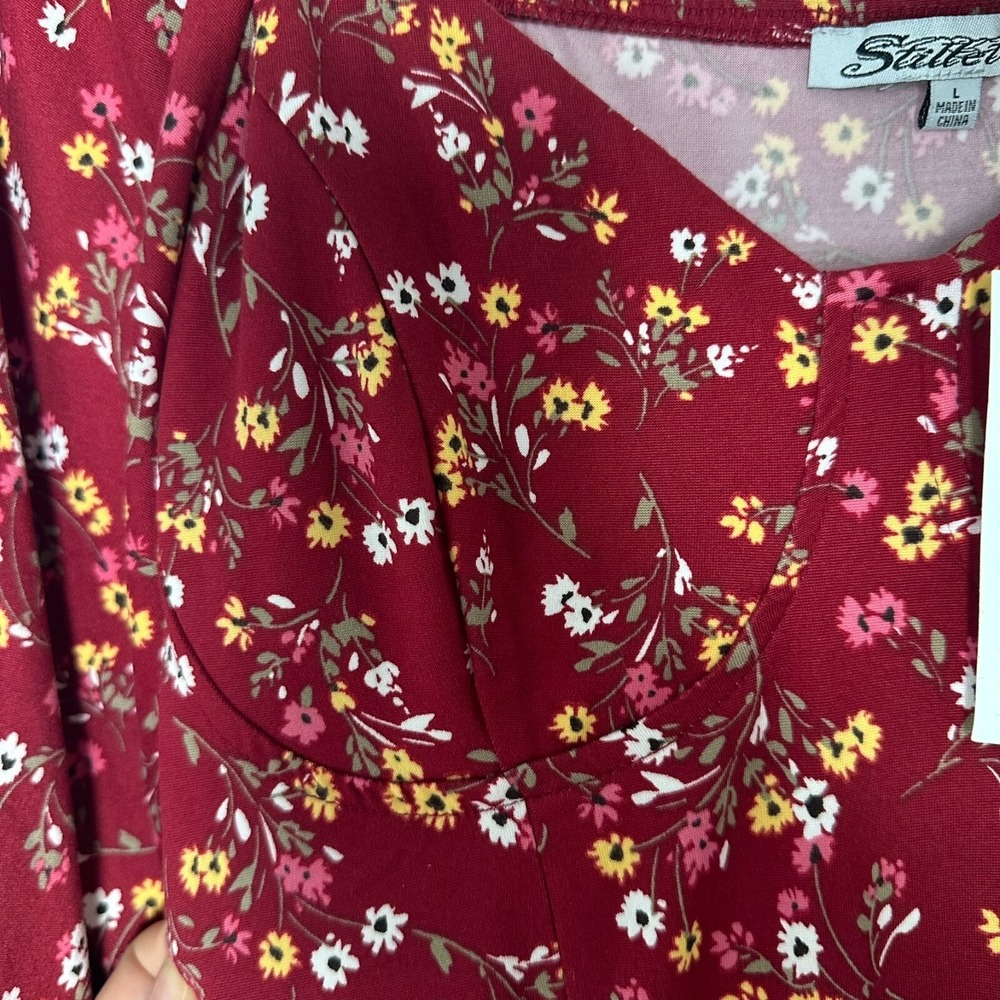 Stilletto's Size-L Dress Burgundy Mini Floral Ballon Sleeves Pockets - Picture 7 of 9